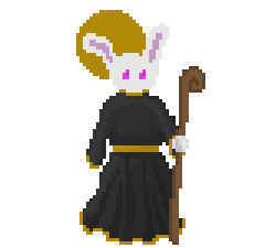 Pixel art of a bunny wizard. She is dressed in a gray cloak with gold filigree, and carries a wooden staff.