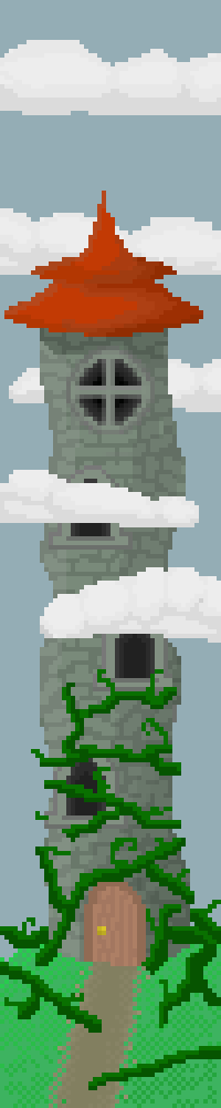 Pixel art of a stone-brick tower. Vines lick at the tower's base, while it's top breaks through clouds in the sky.